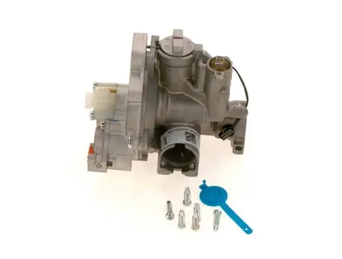 Gasarmatur von Bosch, aus Metall, mit verschiedenen Anschlüssen und Schrauben, zur Steuerung des Gasflusses in Anwendungen.